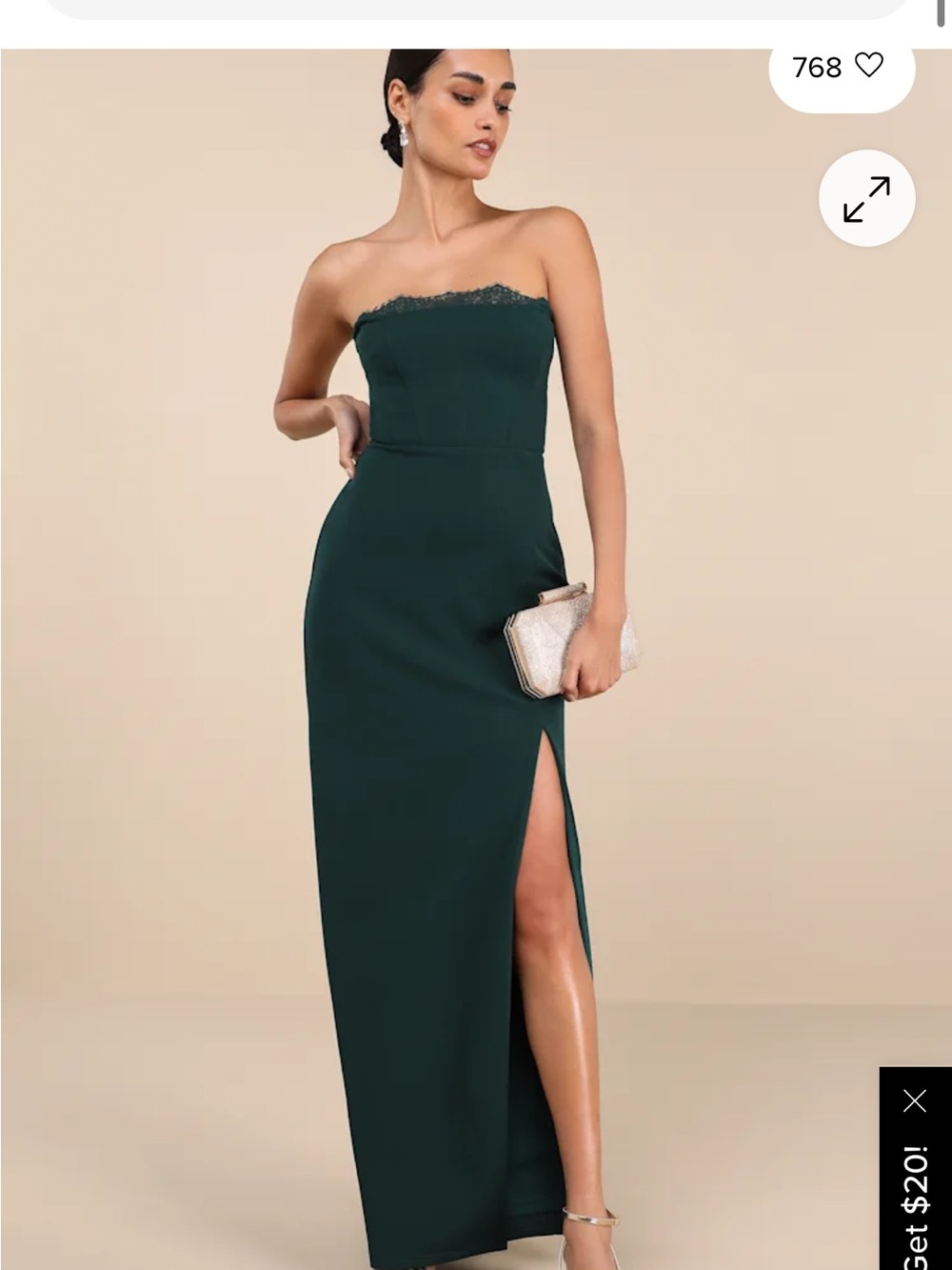 Lulu's Strapless Dark Green Lace-Trim Column Gown with Thigh Slit